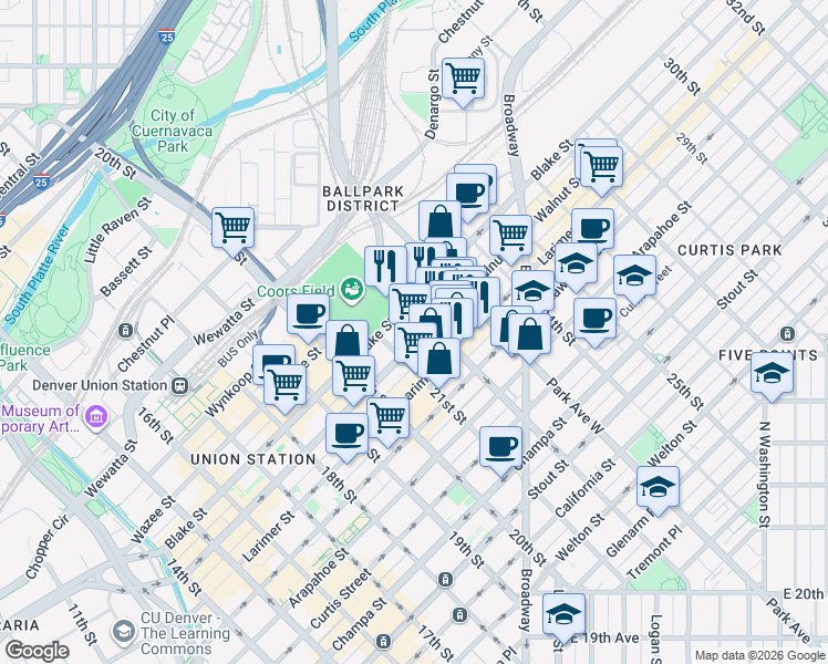 map of restaurants, bars, coffee shops, grocery stores, and more near 2200 Market Street in Denver