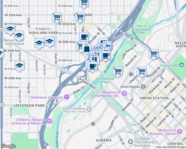 map of restaurants, bars, coffee shops, grocery stores, and more near 1416 Platte Street in Denver