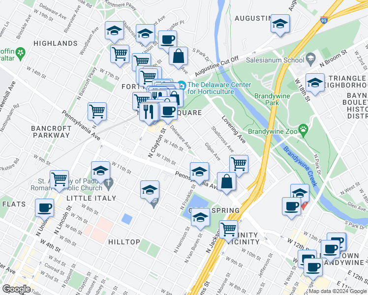 map of restaurants, bars, coffee shops, grocery stores, and more near 1403 North Broom Street in Wilmington