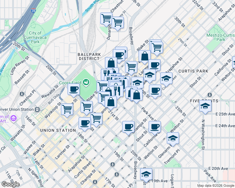 map of restaurants, bars, coffee shops, grocery stores, and more near 2260 Market Street in Denver