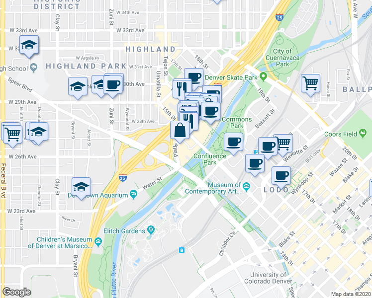 map of restaurants, bars, coffee shops, grocery stores, and more near 1416 Platte Street in Denver