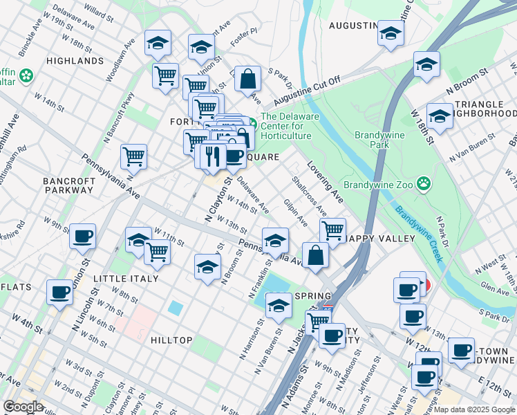 map of restaurants, bars, coffee shops, grocery stores, and more near 1407 Delaware Avenue in Wilmington
