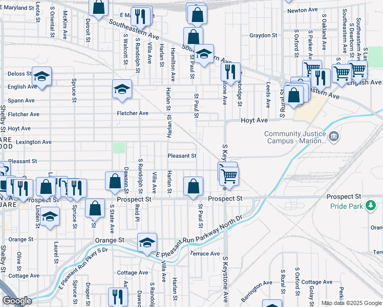 map of restaurants, bars, coffee shops, grocery stores, and more near 2225 Lexington Avenue in Indianapolis