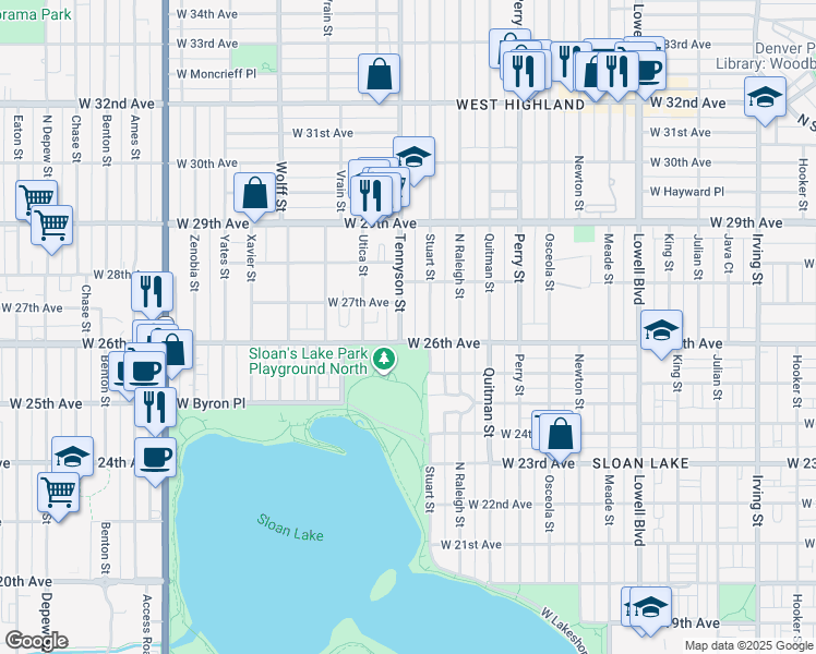 map of restaurants, bars, coffee shops, grocery stores, and more near 2662 Tennyson Street in Denver