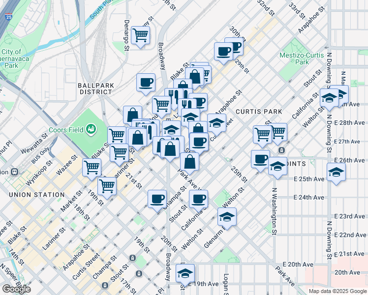 map of restaurants, bars, coffee shops, grocery stores, and more near in Denver