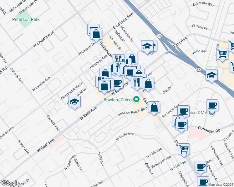 map of restaurants, bars, coffee shops, grocery stores, and more near 170 West East Avenue in Chico