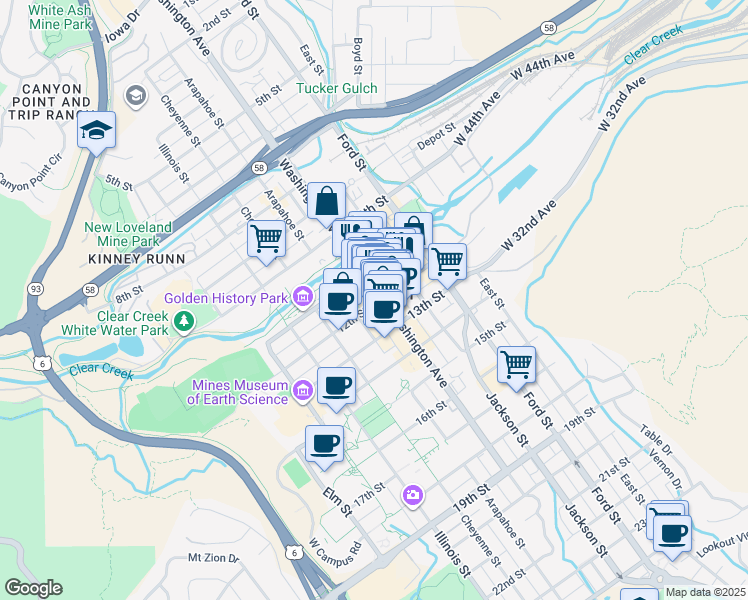 map of restaurants, bars, coffee shops, grocery stores, and more near 1120 Washington Avenue in Golden