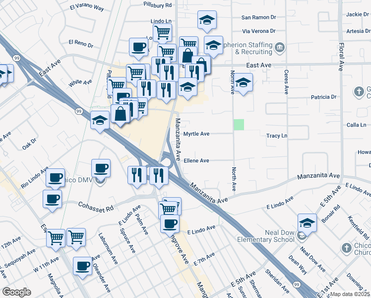map of restaurants, bars, coffee shops, grocery stores, and more near 574 Manzanita Avenue in Chico