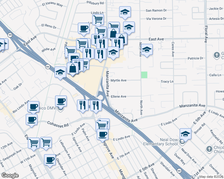 map of restaurants, bars, coffee shops, grocery stores, and more near 574 Manzanita Avenue in Chico