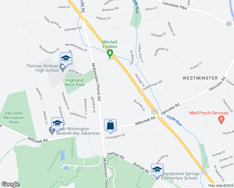 map of restaurants, bars, coffee shops, grocery stores, and more near 102 Beacon Court in Wilmington