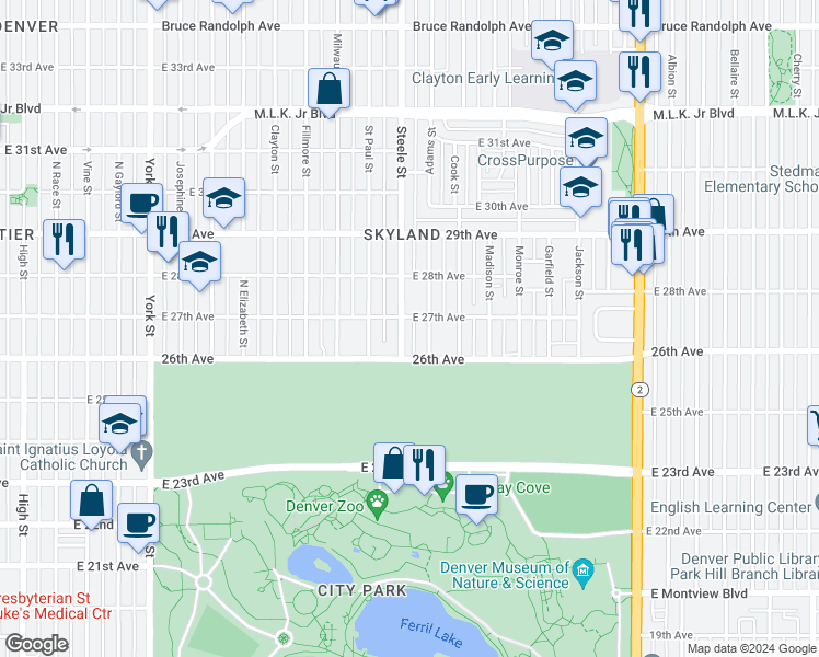 map of restaurants, bars, coffee shops, grocery stores, and more near 2650 Steele Street in Denver