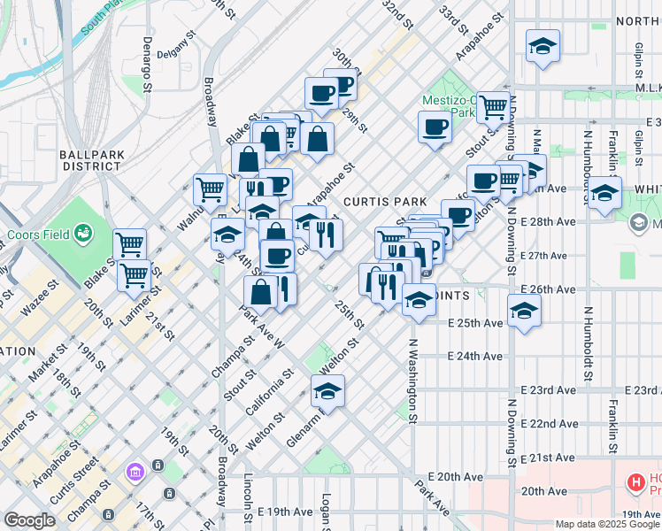 map of restaurants, bars, coffee shops, grocery stores, and more near 2575 Champa Street in Denver