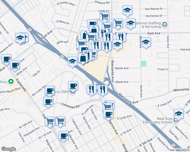 map of restaurants, bars, coffee shops, grocery stores, and more near 2231 Saint George Lane in Chico