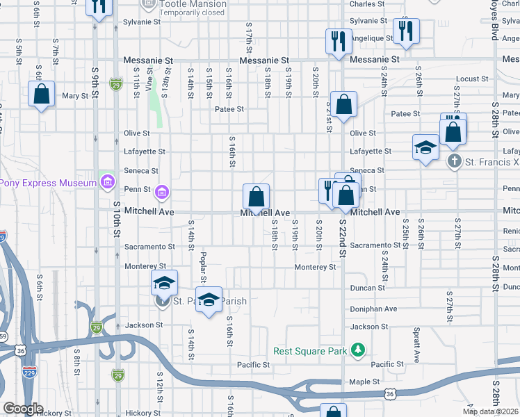map of restaurants, bars, coffee shops, grocery stores, and more near 1710 Penn Street in Saint Joseph