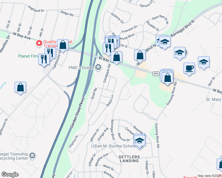 map of restaurants, bars, coffee shops, grocery stores, and more near 4 Quail Road in Barnegat Township