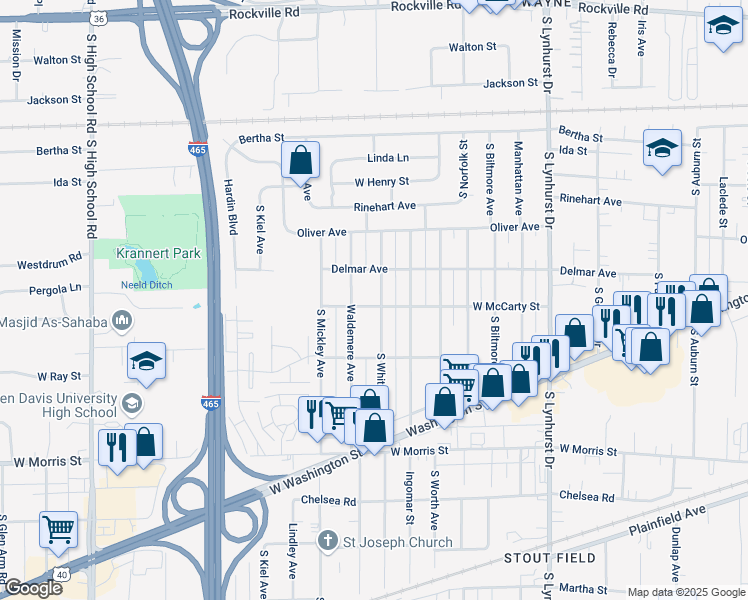 map of restaurants, bars, coffee shops, grocery stores, and more near 734 South Whitcomb Avenue in Indianapolis