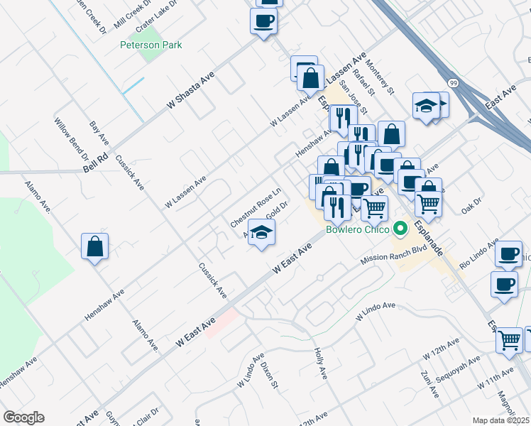 map of restaurants, bars, coffee shops, grocery stores, and more near 372 Chestnut Rose Lane in Chico
