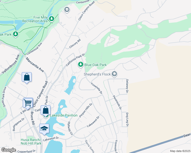 map of restaurants, bars, coffee shops, grocery stores, and more near 458 Palisades Drive in Chico