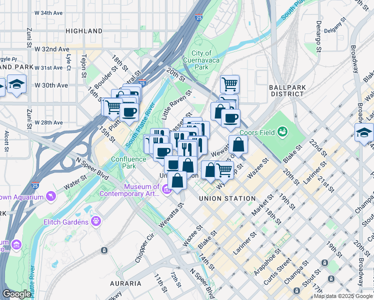 map of restaurants, bars, coffee shops, grocery stores, and more near 1700 Wewatta Street in Denver