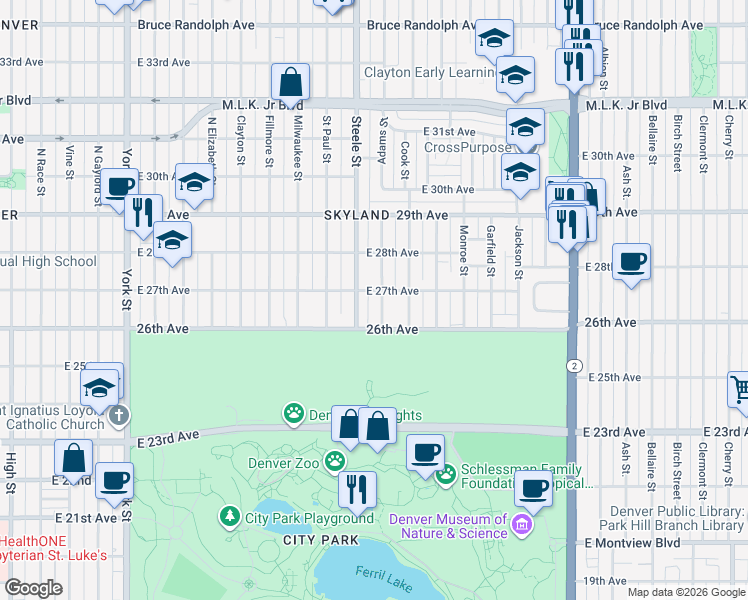 map of restaurants, bars, coffee shops, grocery stores, and more near 3243 East 27th Avenue in Denver