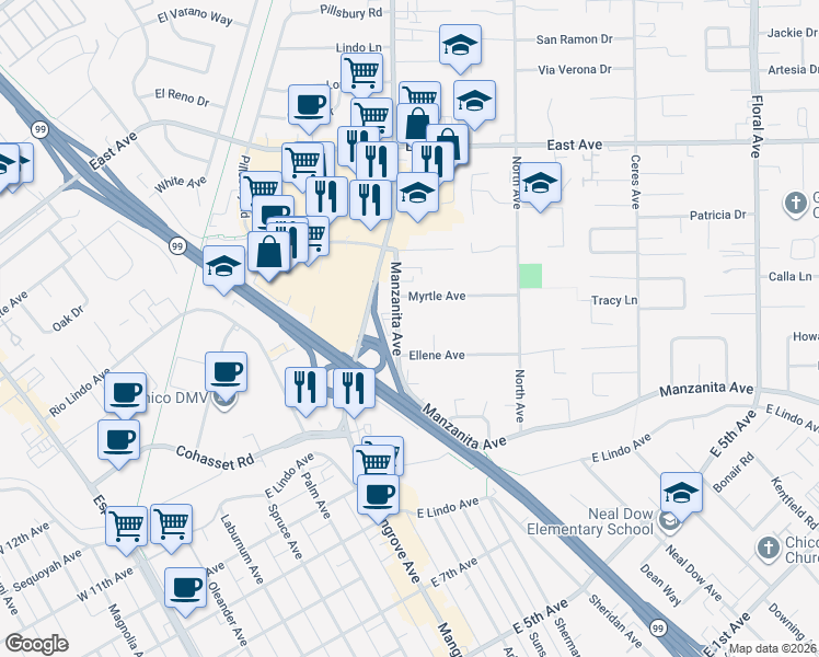 map of restaurants, bars, coffee shops, grocery stores, and more near 574 Manzanita Avenue in Chico