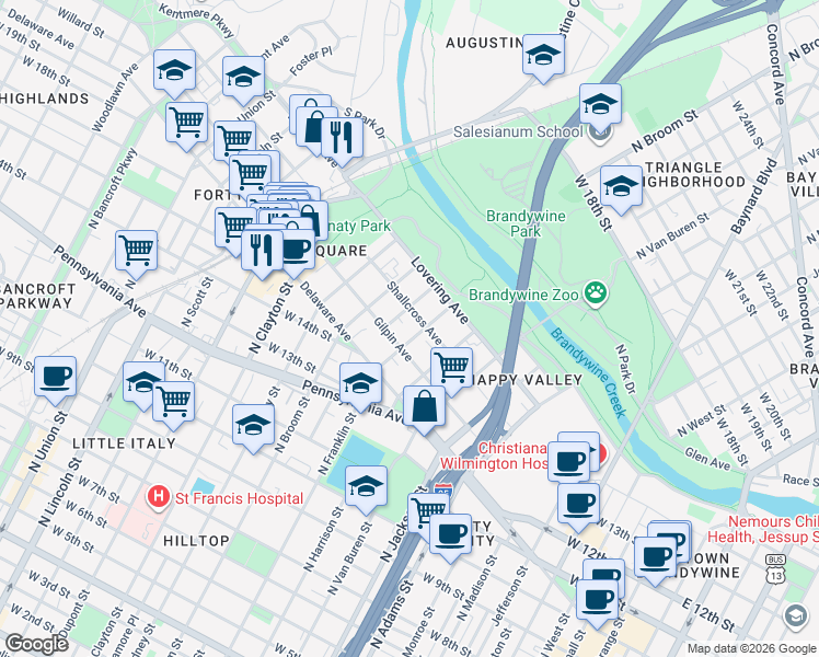 map of restaurants, bars, coffee shops, grocery stores, and more near in Wilmington