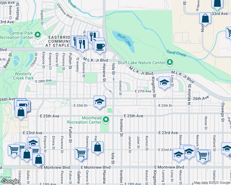 map of restaurants, bars, coffee shops, grocery stores, and more near 2725 Iola Street in Denver