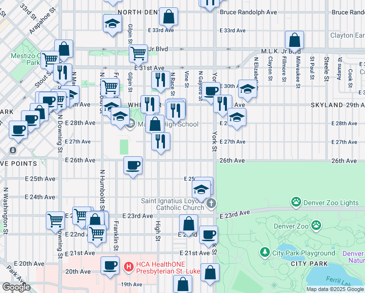 map of restaurants, bars, coffee shops, grocery stores, and more near 2711 Vine Street in Denver