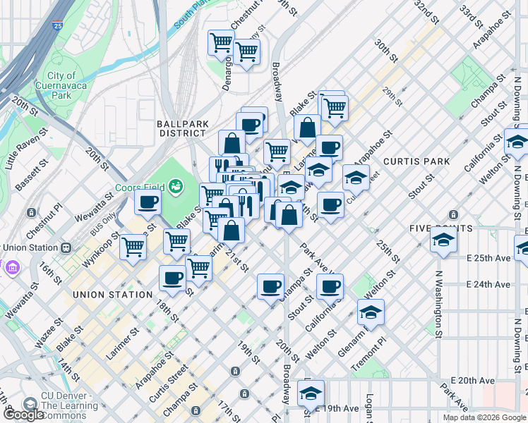 map of restaurants, bars, coffee shops, grocery stores, and more near 2260 Market Street in Denver