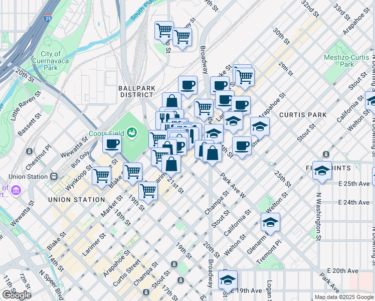 map of restaurants, bars, coffee shops, grocery stores, and more near 2260 Market Street in Denver