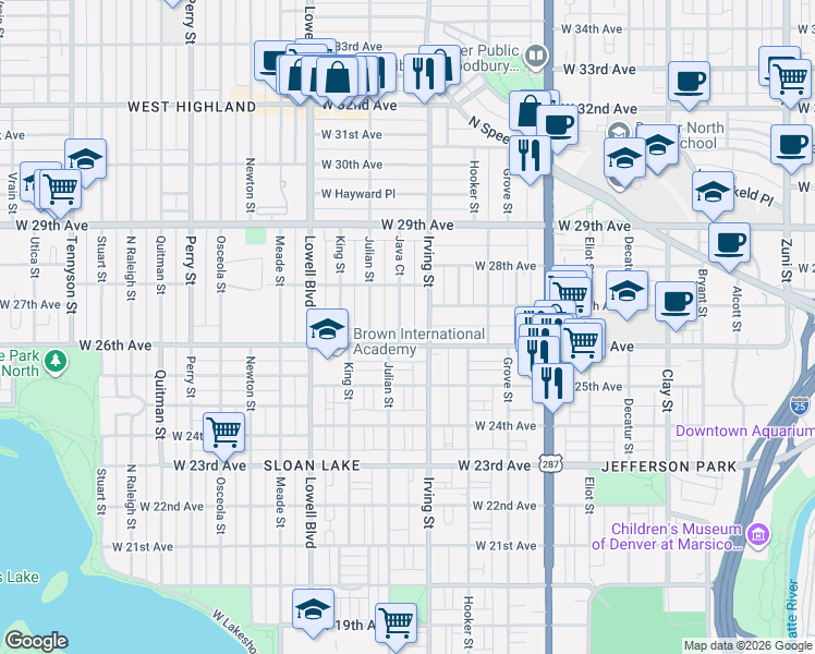 map of restaurants, bars, coffee shops, grocery stores, and more near 2665 Java Court in Denver