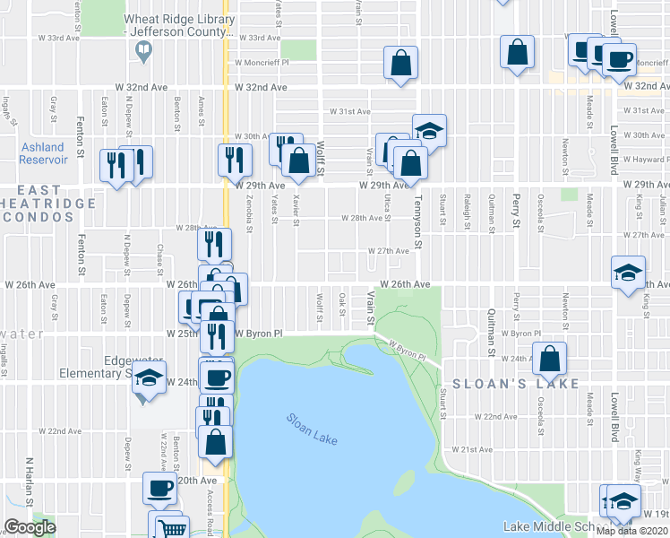 map of restaurants, bars, coffee shops, grocery stores, and more near 2658 Wolff Street in Denver