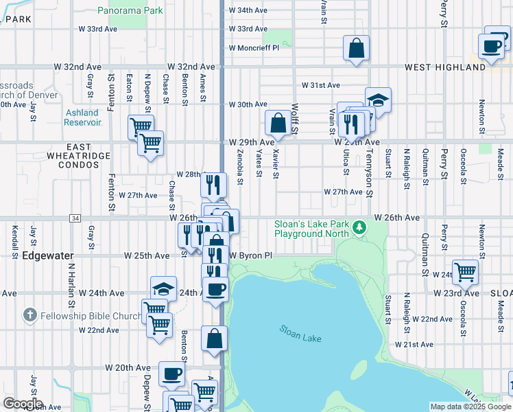 map of restaurants, bars, coffee shops, grocery stores, and more near 2665 Yates Street in Denver