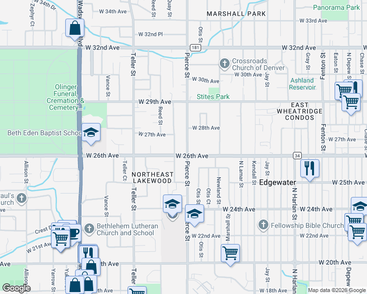 map of restaurants, bars, coffee shops, grocery stores, and more near 2653 Pierce Street in Wheat Ridge