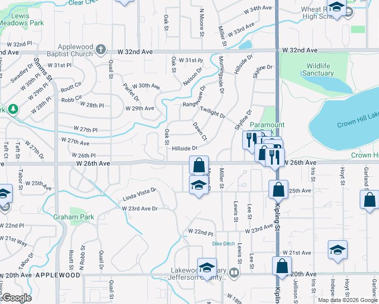 map of restaurants, bars, coffee shops, grocery stores, and more near 9 Hillside Drive in Wheat Ridge