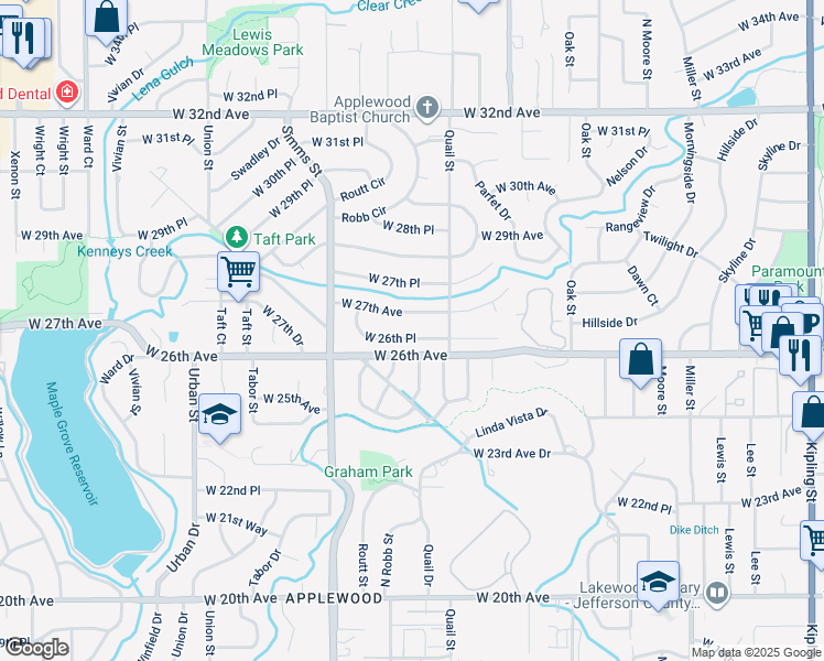 map of restaurants, bars, coffee shops, grocery stores, and more near 11259 West 27th Avenue in Lakewood