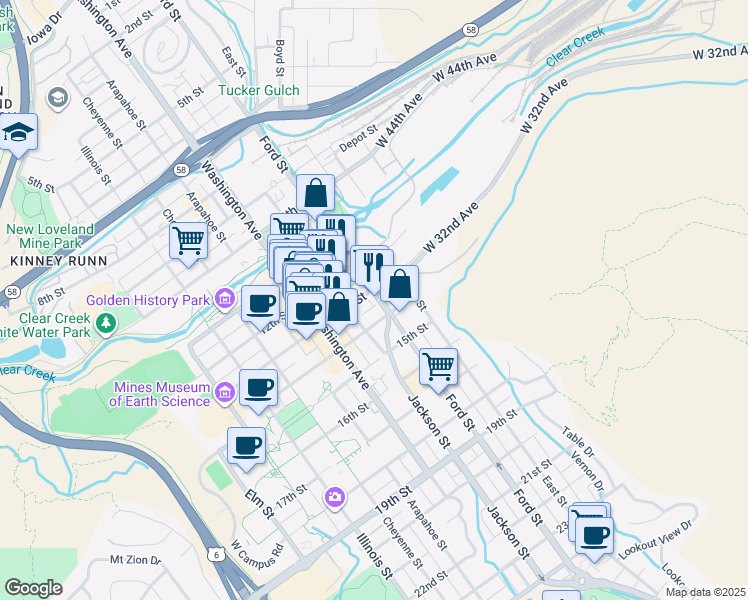 map of restaurants, bars, coffee shops, grocery stores, and more near 1208 Ford Street in Golden