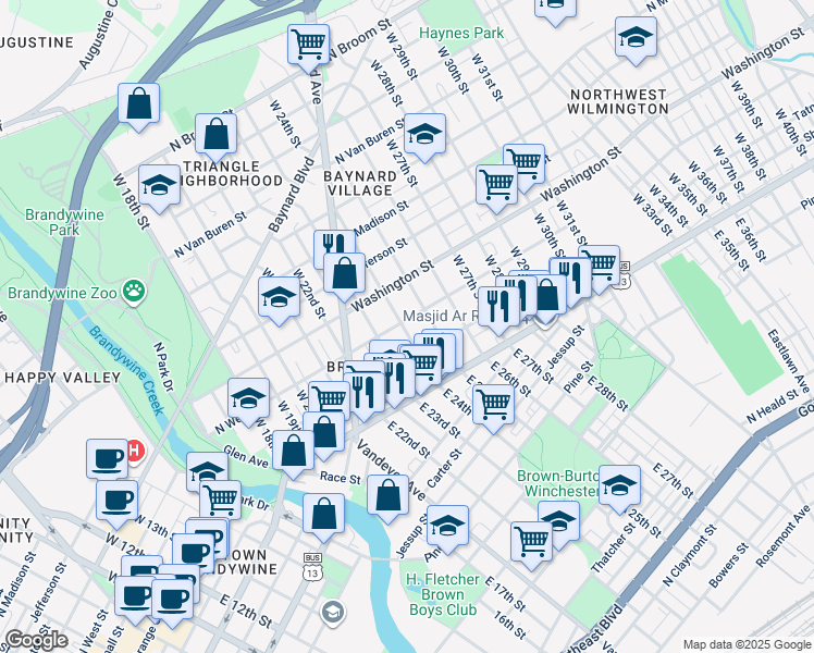 map of restaurants, bars, coffee shops, grocery stores, and more near 208 West 25th Street in Wilmington