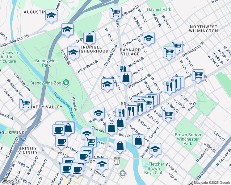 map of restaurants, bars, coffee shops, grocery stores, and more near 2108 North Jefferson Street in Wilmington