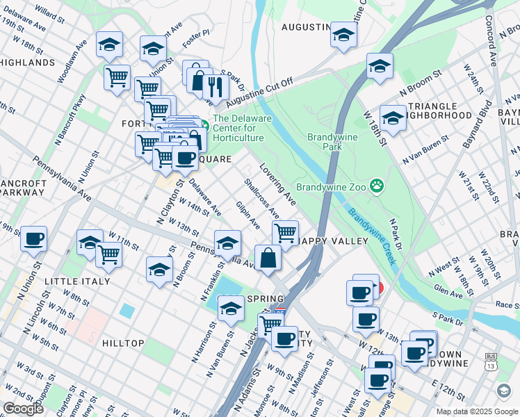 map of restaurants, bars, coffee shops, grocery stores, and more near in Wilmington