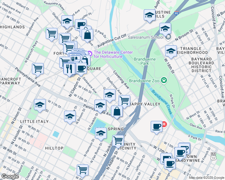 map of restaurants, bars, coffee shops, grocery stores, and more near in Wilmington