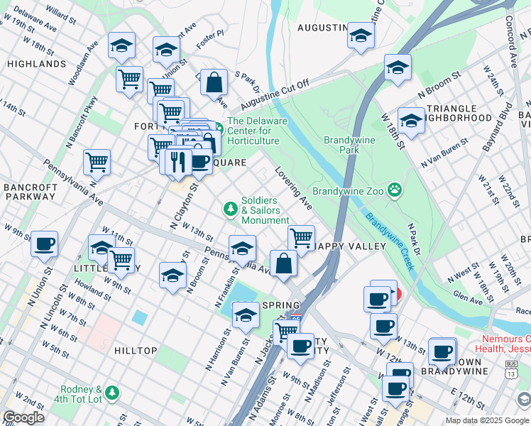 map of restaurants, bars, coffee shops, grocery stores, and more near 1604 North Broom Street in Wilmington