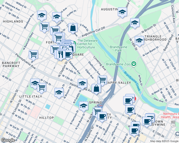 map of restaurants, bars, coffee shops, grocery stores, and more near 1604 North Broom Street in Wilmington