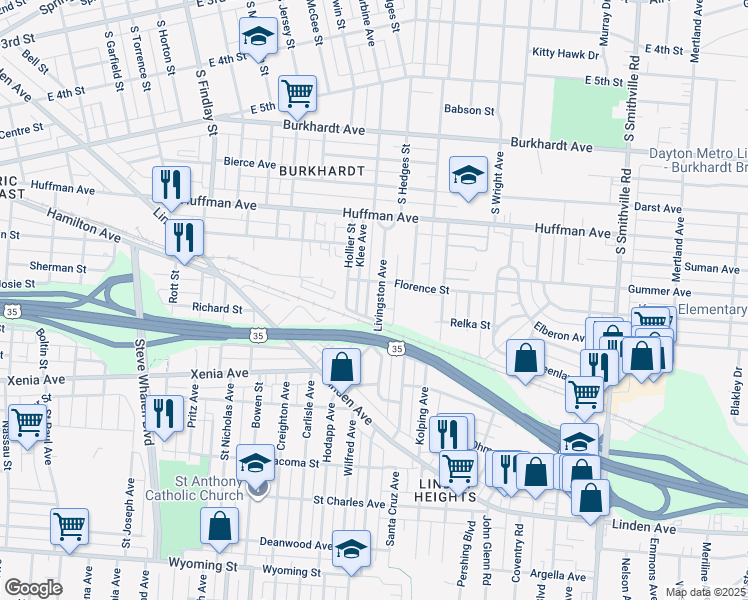 map of restaurants, bars, coffee shops, grocery stores, and more near 1205 Florence Street in Dayton