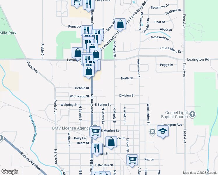 map of restaurants, bars, coffee shops, grocery stores, and more near 1120 1/2 North Barron Street in Eaton