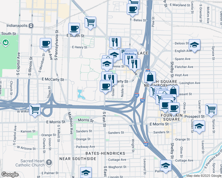 map of restaurants, bars, coffee shops, grocery stores, and more near 838 Greer St in Indianapolis