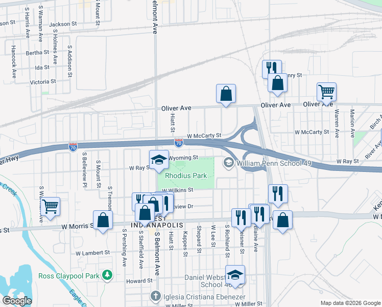 map of restaurants, bars, coffee shops, grocery stores, and more near 826 Kappes Street in Indianapolis
