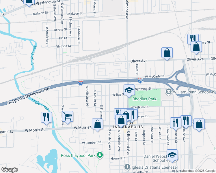 map of restaurants, bars, coffee shops, grocery stores, and more near 825 South Pershing Avenue in Indianapolis