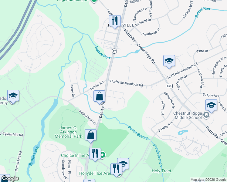 map of restaurants, bars, coffee shops, grocery stores, and more near 105 Hurffville Grenloch Road in Washington Township