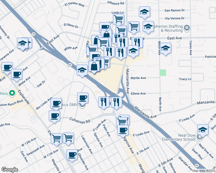 map of restaurants, bars, coffee shops, grocery stores, and more near 2231 Saint George Lane in Chico